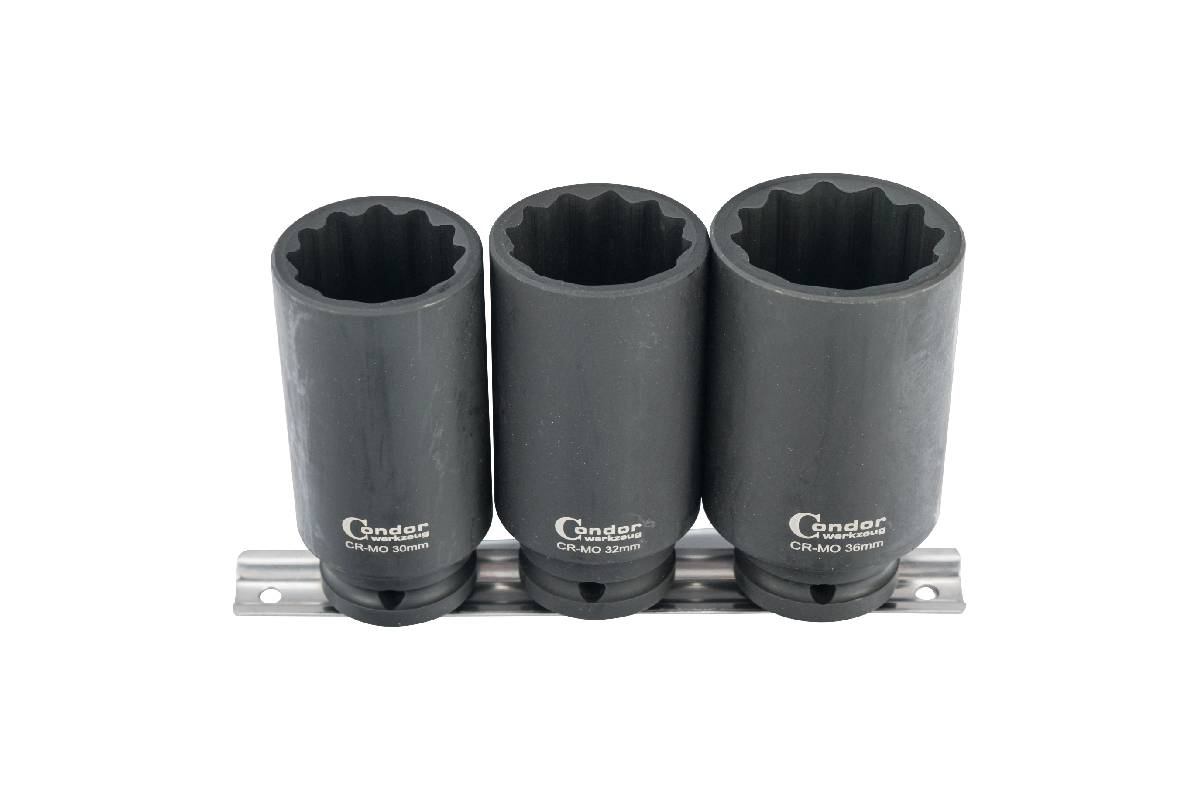 hlavice nástrčné 1/2", 12ti hran 30 - 36 mm, prodloužené, na poloosy, sada 3 díly - Hlavní obrázek