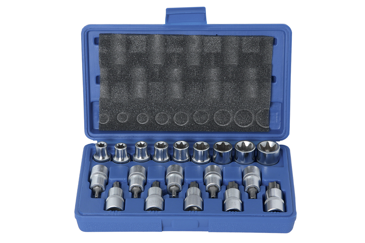 hlavice zástrčné a nástrčné 1/2", Torx T20 - T70, vrtané, E-profil E10 - E24, sada 19 dílů - Hlavní obrázek
