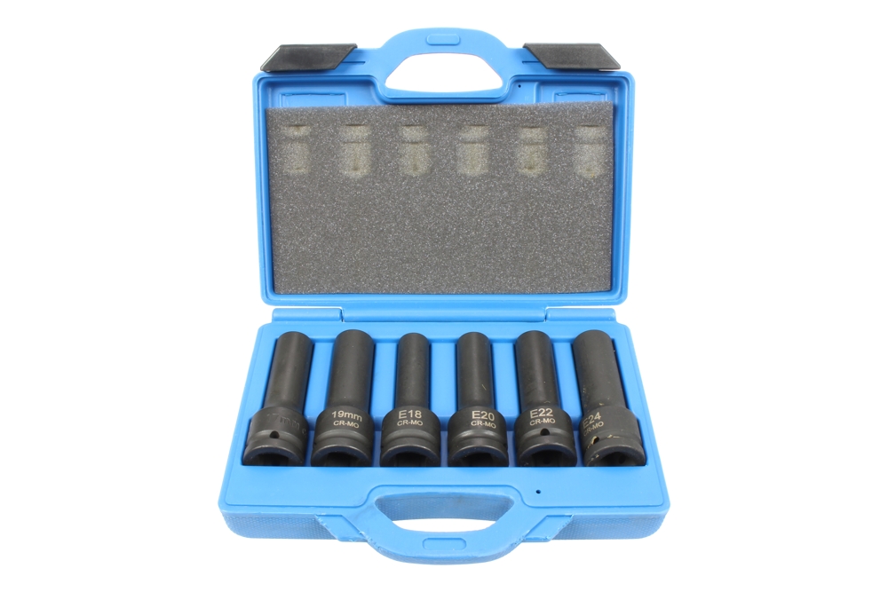 hlavice nástrčné 3/4", E-profil E18 - E24, 12ti hran 17 - 19 mm, prodloužené, tvrzené, sada 6 dílů - Hlavní obrázek