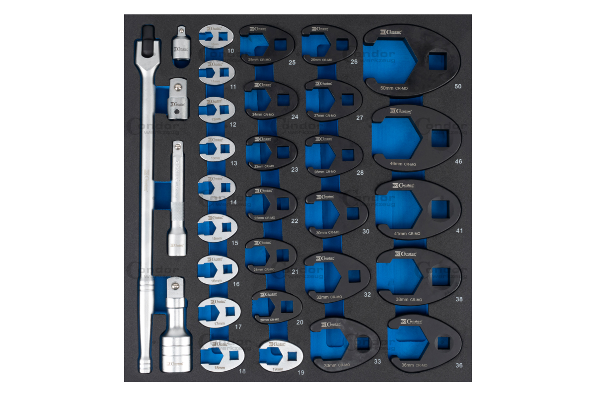 modul - hlavice 3/8" - 1/2" - 3/4", klíč otevřený 6ti hran 10 - 50 mm, 32 dílů, velikost 2/3 - Hlavní obrázek