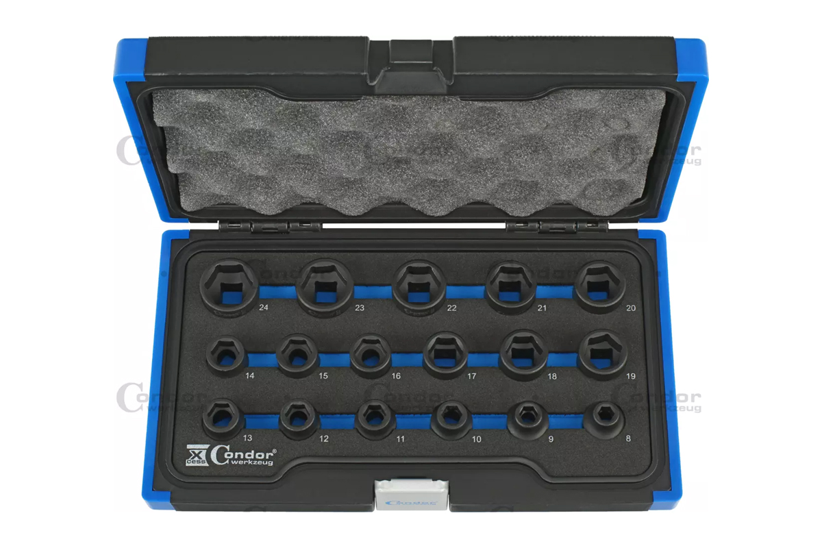 hlavice nástrčné 1/2", 6ti hran 8 - 24 mm, extra krátké, tvrzené, Xcess Performance, sada 17 dílů - Hlavní obrázek