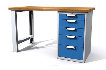 Dílenský stůl 1500 x 700 x 880 mm, 5 zásuvek, buková spárová deska - produktové foto