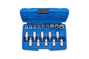 Hlavice zástrčné a nástrčné 1/2", Torx T20 - T70, E-profil E10 - E24, sada 19 dílů - produktové foto