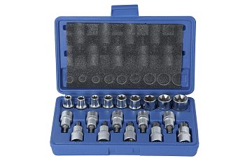 Hlavice zástrčné a nástrčné 1/2", Torx T20 - T70, vrtané, E-profil E10 - E24, sada 19 dílů - produktové foto