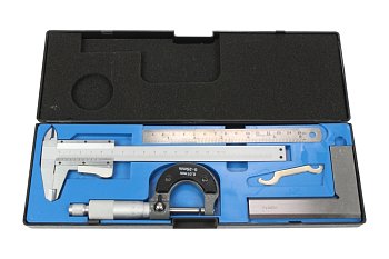 Měřidla sada, posuvka 150 mm, mikrometr 0-25 mm, úhelník 100 mm, ocelové měřítko 150 mm - produktové foto