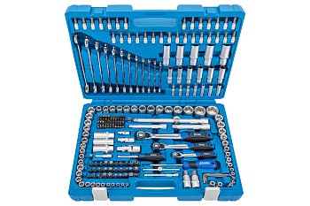 Gola sada 1/4" - 3/8" - 1/2", 6ti hran 4 - 32 mm, klíče očkoploché ráčnové 8 - 19 mm, 215 dílů - produktové foto
