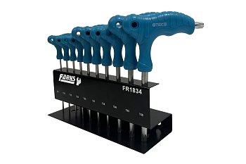 Klíče zástrčné Torx T9 - T50, vrtané, délka 100 mm, T-rukojeť, sada 10 dílů - produktové foto